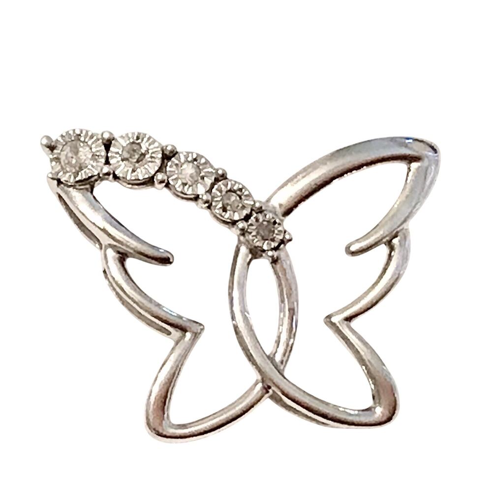 925 Sterling Silver Diamonds Butterfly Pendant - 1.25”